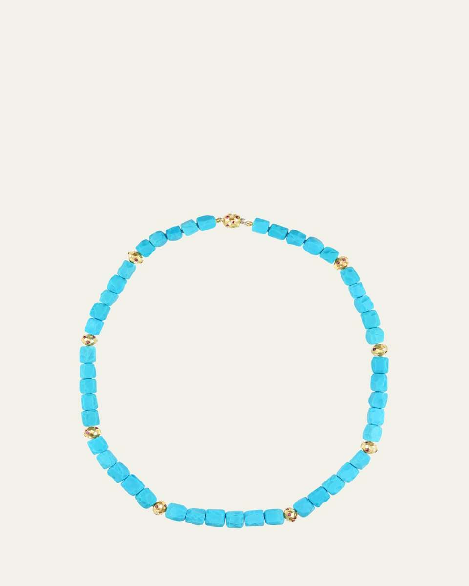 18K Yellow Gold Turquoise Rough Bead Necklace with Diamonds and Rubies